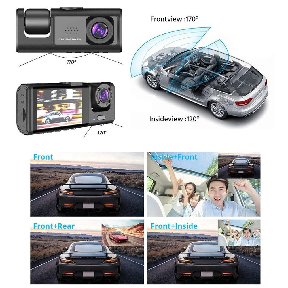 HD 1080P 3-Lens Car Camera 3 Channel Car DVRs Inside Vehicle Dash Cam Video Recorder Night Vision Dashcam With 32GB Memory Card