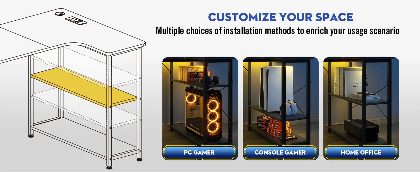 COMHOMA L Shaped Gaming Desk with Power Outlets Corner Computer Desk with Shelves Headphone Hook PC Table Workstation