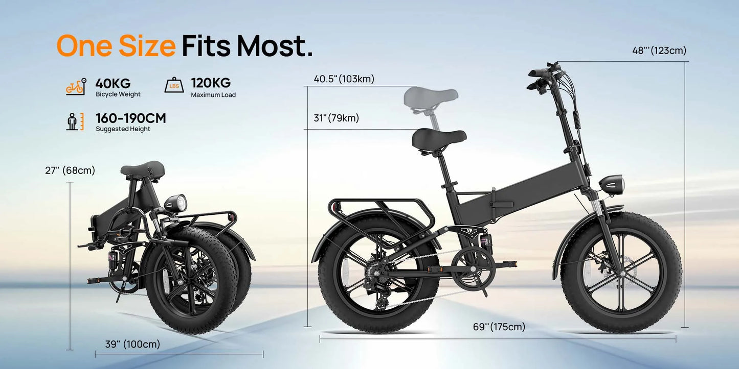 Urlife T5 Electric Bike 1500W E-Bike 48V 13Ah Battery 28MPH 100Mile Range 20X4" Fat Tire Free Shipping Foldable and portable