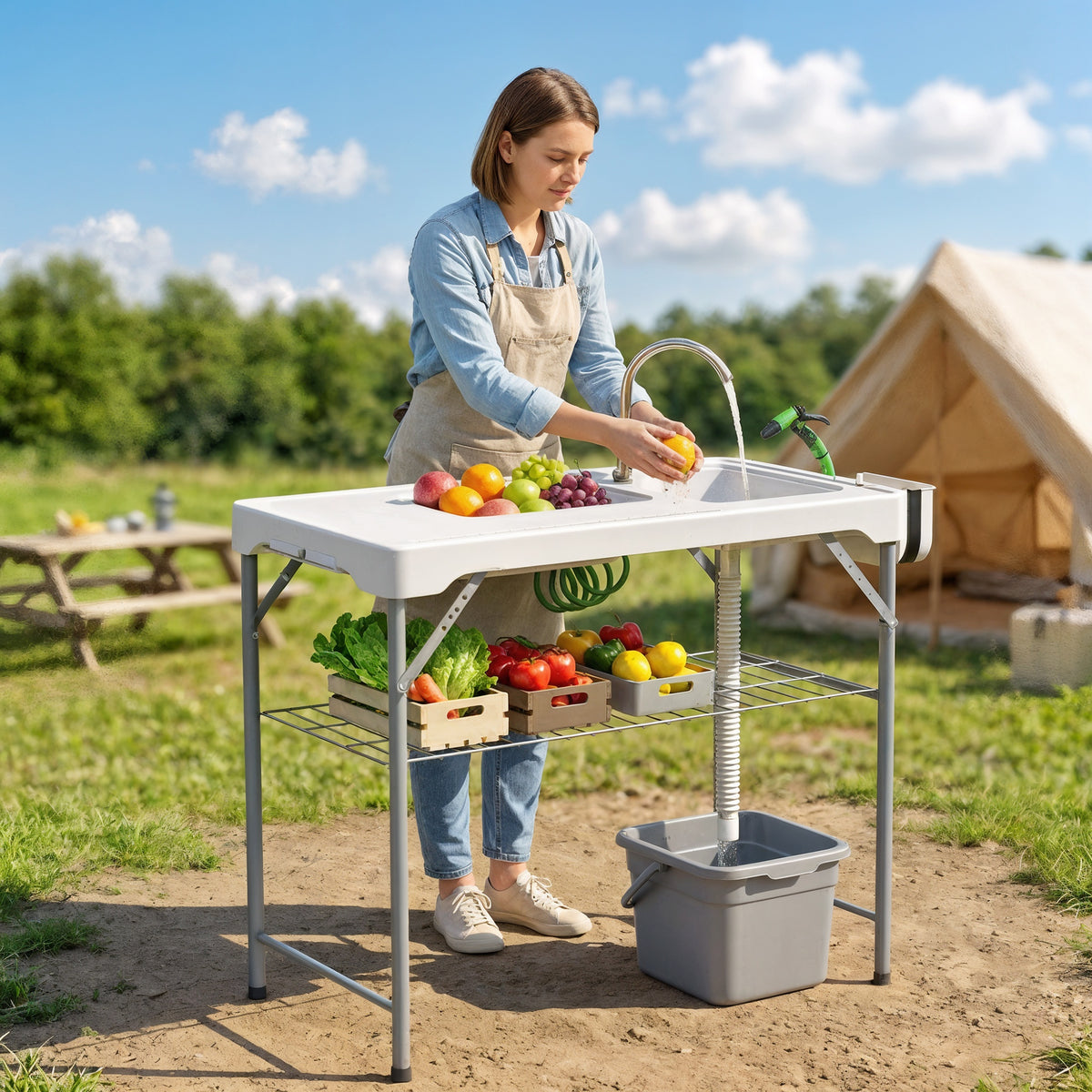 Outsunny Folding Fish Cleaning Table with Sinks, Portable Camping Sink Table with Faucet, Drainage Hose
