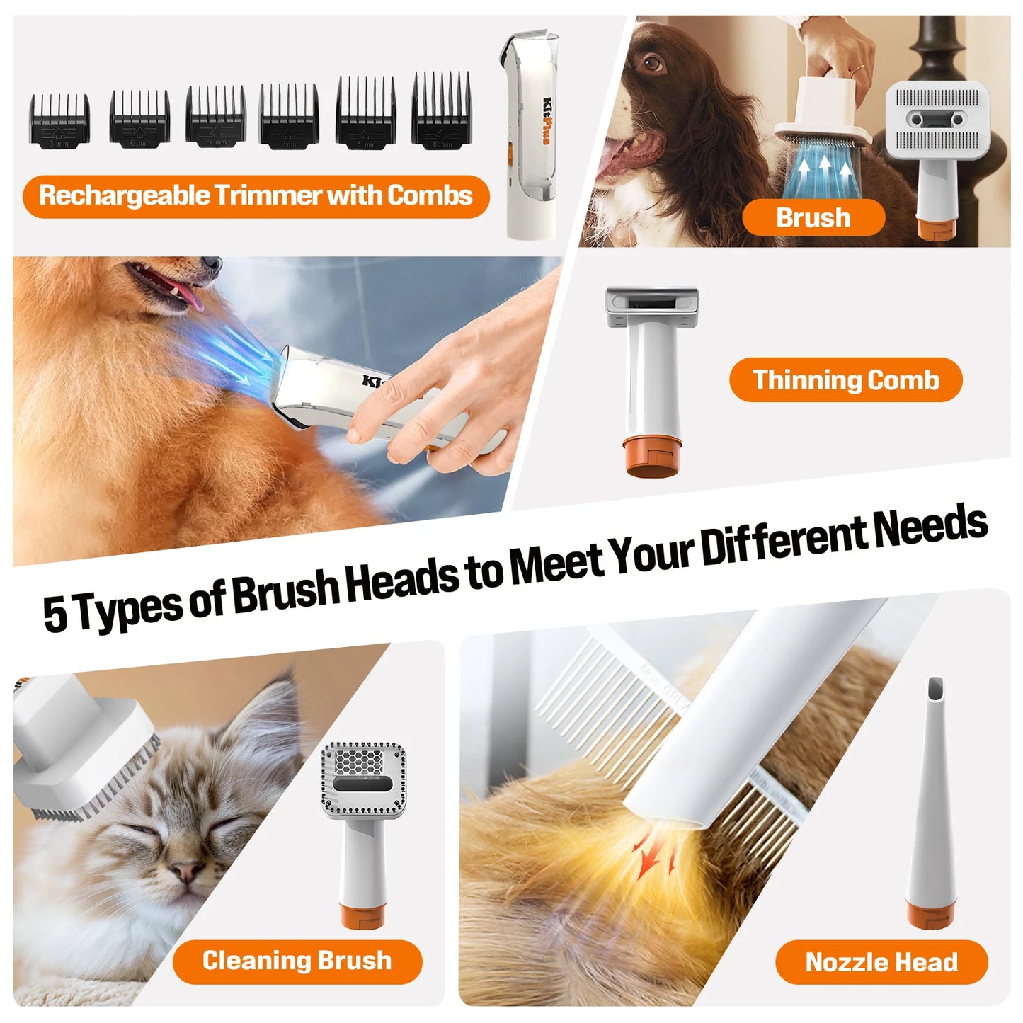 KITPLUS Dog Grooming Kit, Rechargeable Hair Trimmer, 12000Pa 5 Modes Suction 99% Pet Hair, 2L Large Capacity Vacuum, 11 Tools