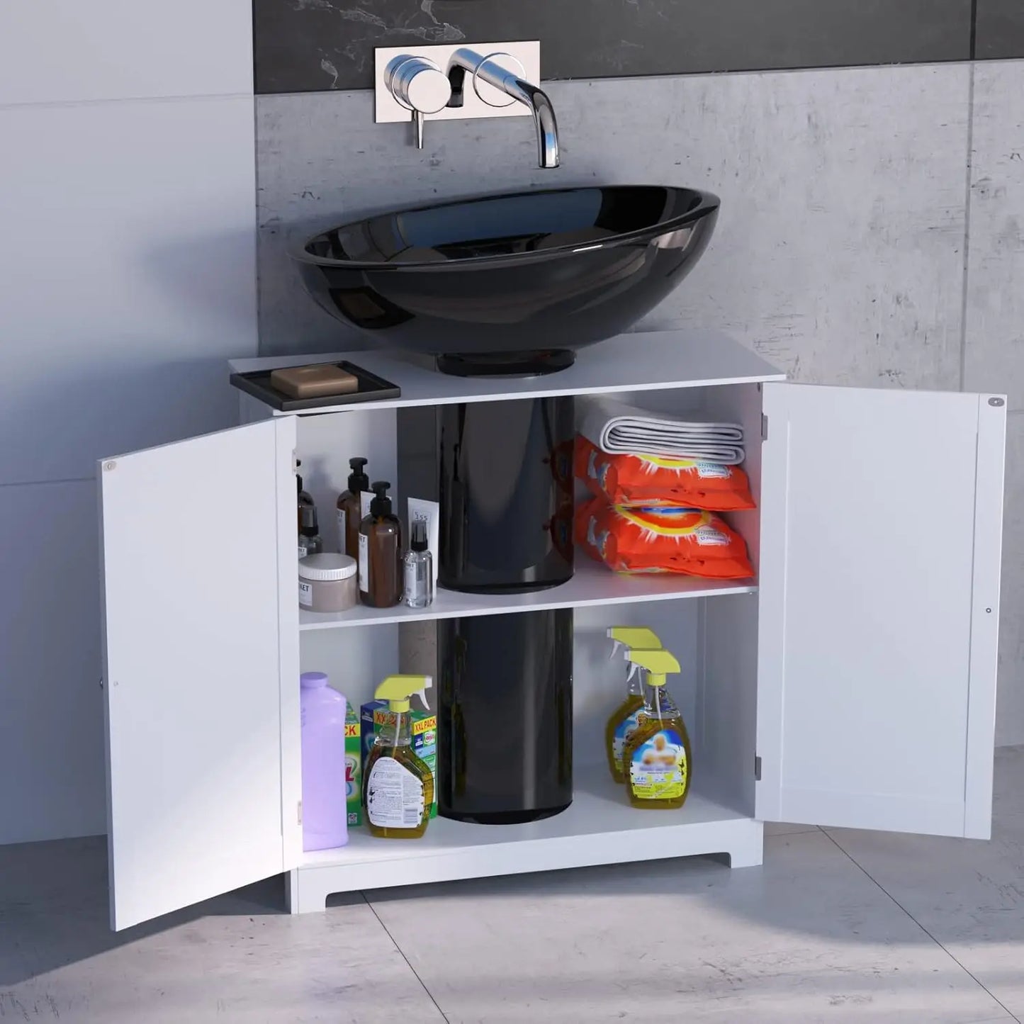 White Under Sink Bathroom Cabinet Free Standing Cabinets, Bathroom Basin Tall Cabinet with Double Doors, Floor Standing Storage Cupboard Basin Unit with Compartment Adjustable Shelf, 60 * 60 * 30cm