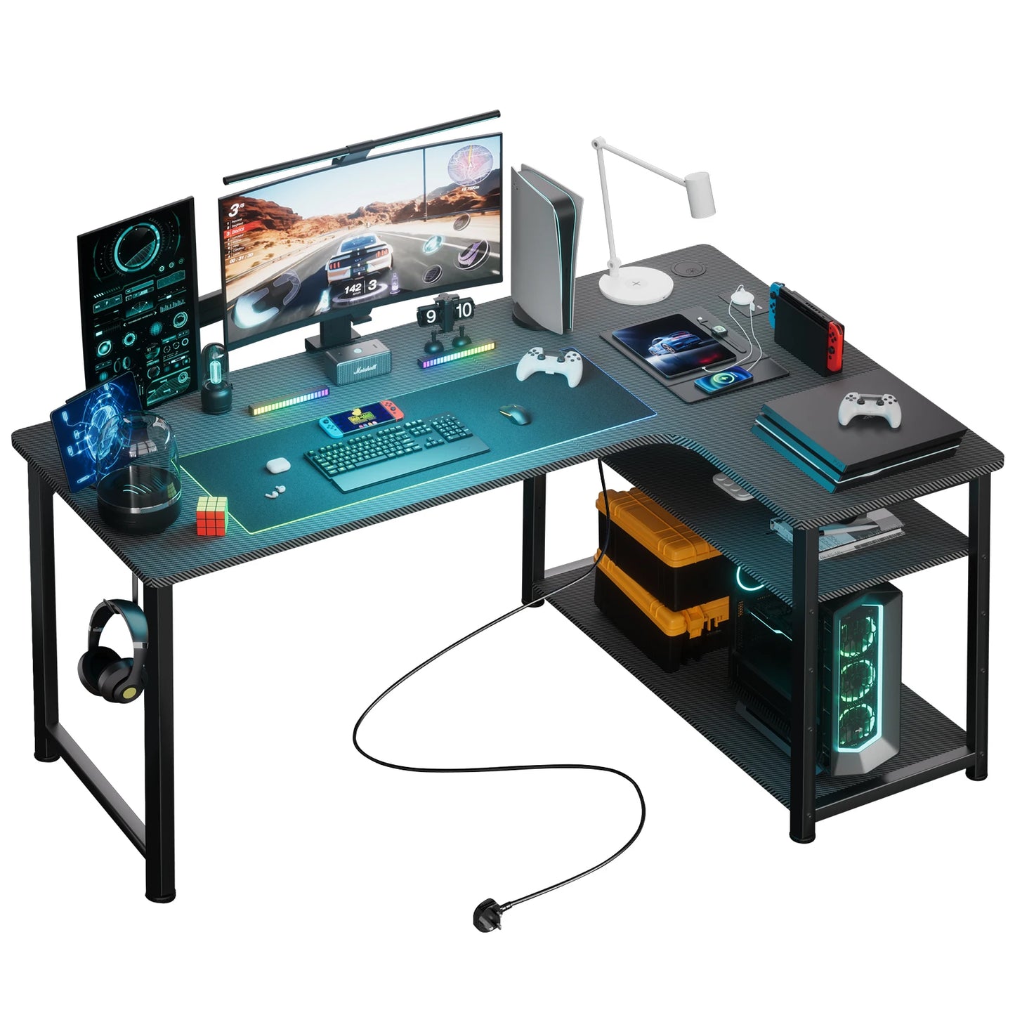 COMHOMA L Shaped Gaming Desk with Power Outlets Corner Computer Desk with Shelves Headphone Hook PC Table Workstation