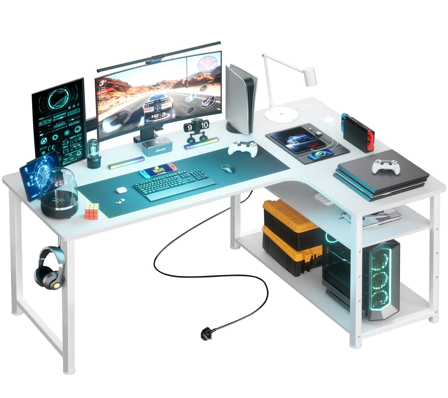 COMHOMA L Shaped Gaming Desk with Power Outlets Corner Computer Desk with Shelves Headphone Hook PC Table Workstation