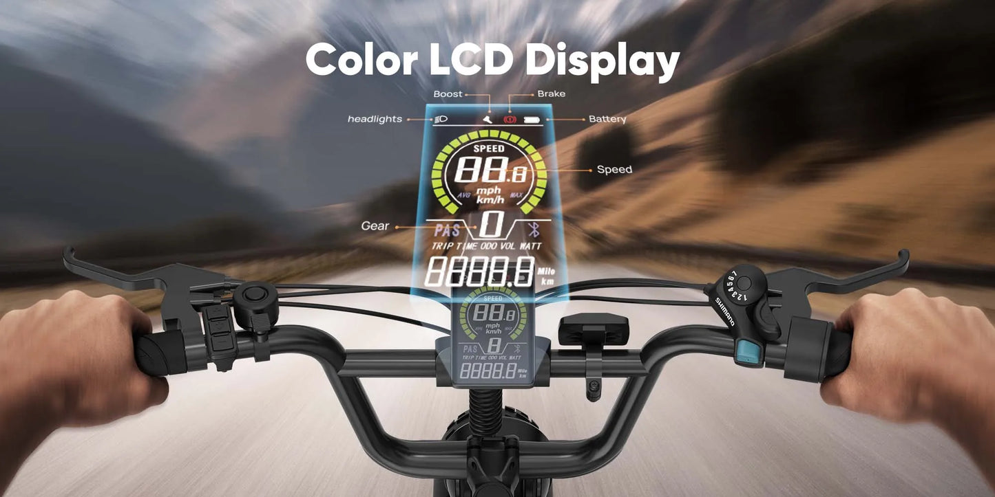 Urlife E20 Pro 1500W E-Bike Commuter 20x4" Tires 48V Removable LCD Display Speed 7-Speeds Hydraulic Disc Brakes For Adults
