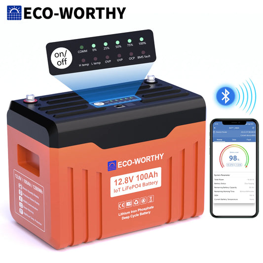 ECO-WORTHY 12V 100Ah LiFePO4 Lithium Leisure Battery, 1280Wh with Bluetooth & Low Temp Protection, Group 24 for Motorhome