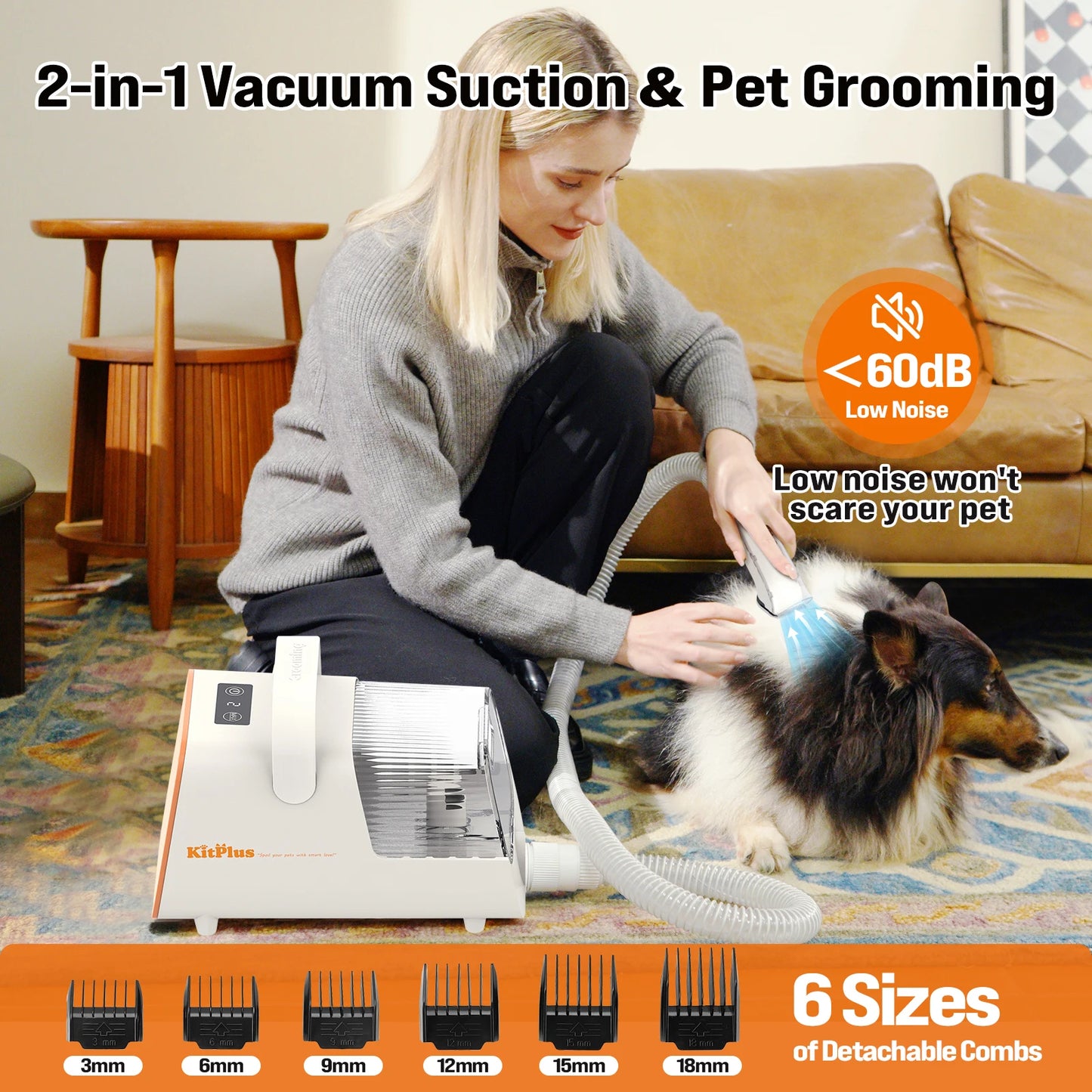 KITPLUS Dog Grooming Kit, Rechargeable Hair Trimmer, 12000Pa 5 Modes Suction 99% Pet Hair, 2L Large Capacity Vacuum, 11 Tools