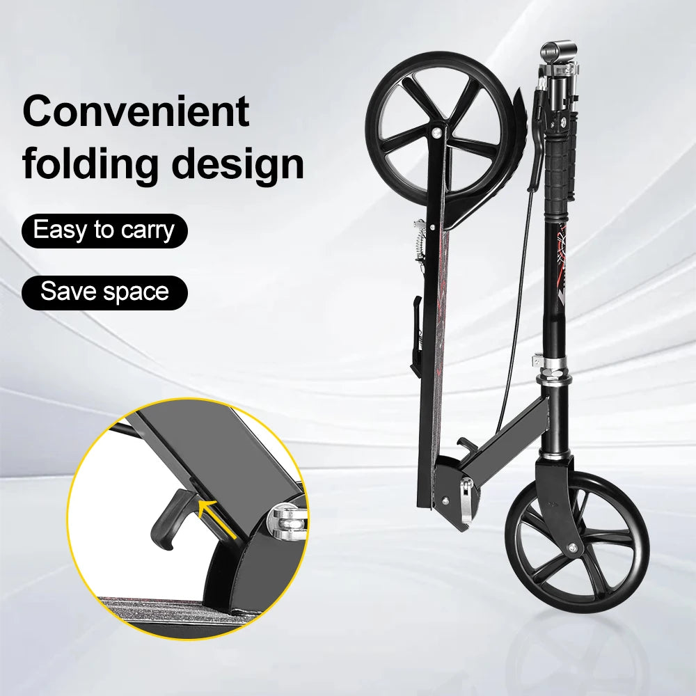 Foldable Commuter Scooter with Adjustable Handle Height Black Frame Rear Brake and Suspension for Kids Ages 6-12 And Adults