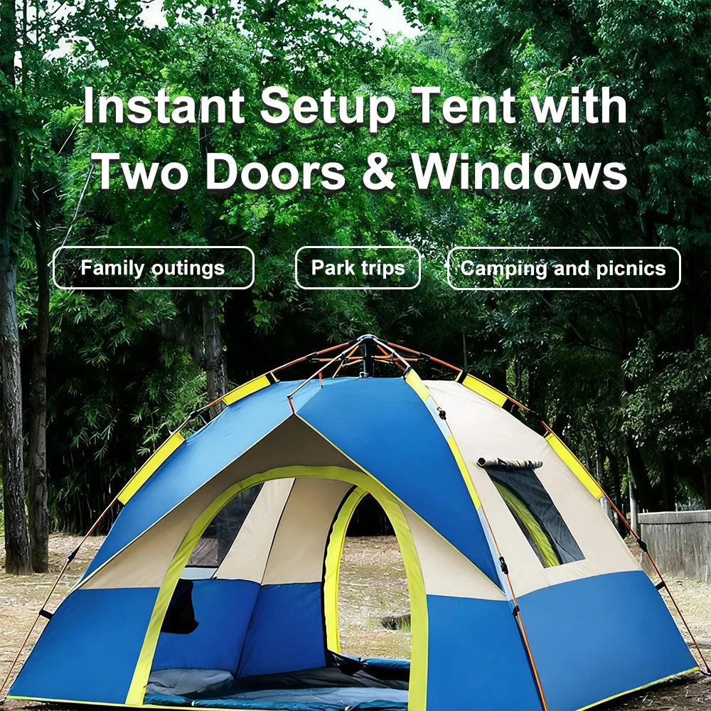 3-4 Person Pop Up Camping Tent - Instant Automatic Setup Double Layer Waterproof 4 Season Family Outdoor Travel Tent for UK Garden Beach Festival - Sky Blue