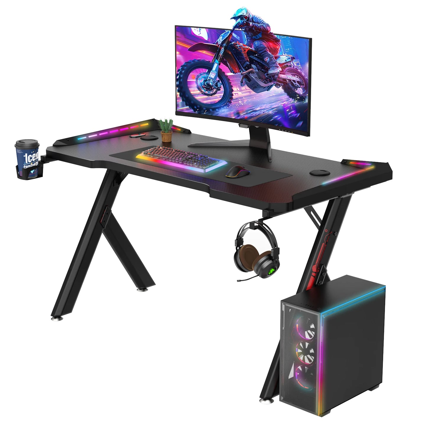 Gaming Desk RGB Lighting Ergonomic Gamer Workstation Ergonomic Carbon Fiber Computer Desk Cup Holder and Headphone Hook