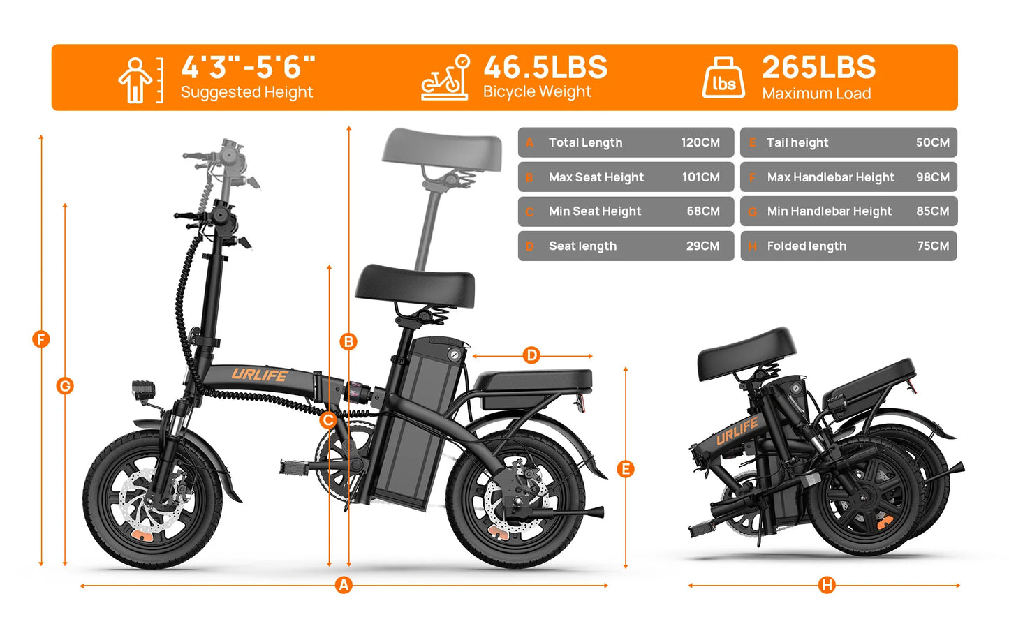 URLIFE 14 Inch Folding E-Bike 48V 7.5Ah 500W Power Removable & Fast Charge 40 Miles Hydraulic Front Suspension Dual Disc Brakes