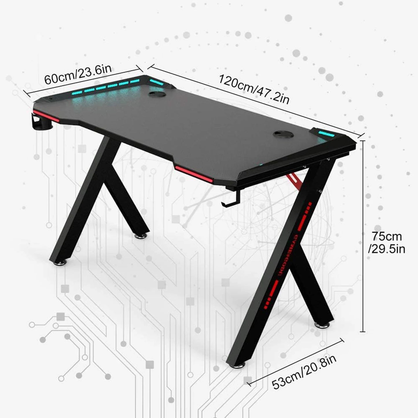 Gaming Desk RGB Lighting Ergonomic Gamer Workstation Ergonomic Carbon Fiber Computer Desk Cup Holder and Headphone Hook