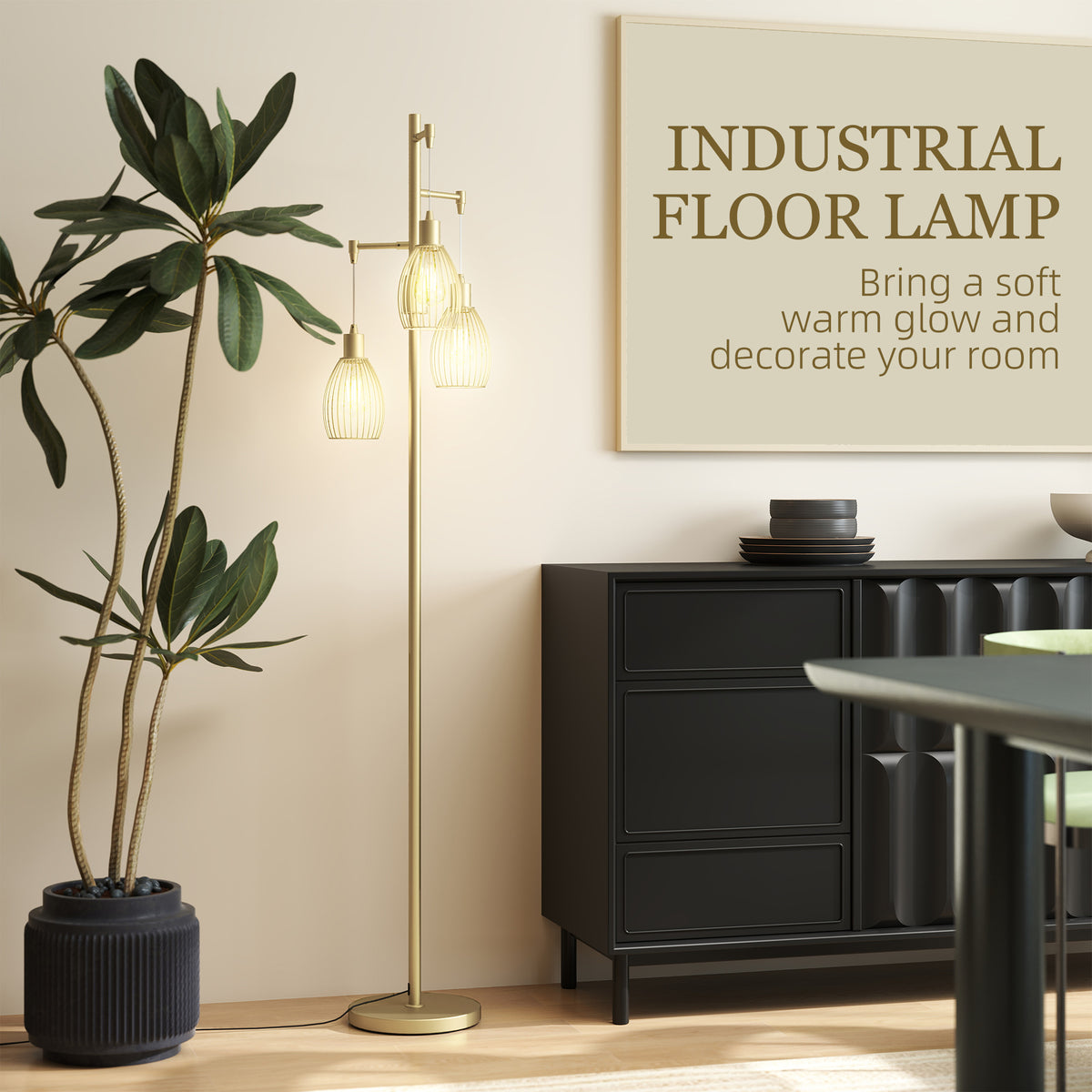 HOMCOM 3-Light Floor Lamp, 170cm Industrial Dimmable Standing Lamp with Steel Wire Cage Lampshades for Living Room, Bedroom, Dining Room, Study, Bulb Not Included, Gold Tone