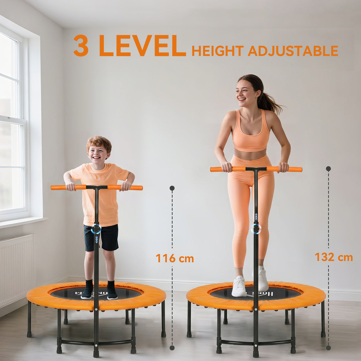 HOMCOM 40" Fitness Trampoline with Adjustable Handle, Rebounder Trampoline, Mini Jumper for Indoor Exercise Workout, Orange