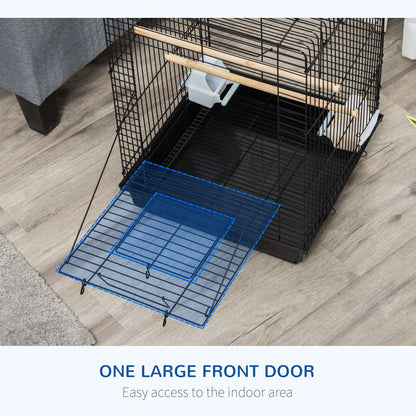 PawHut Steel Bird Cage with Openable Top, Stand, Tray, Handles, Feeding Bowls for Parakeet Cockatiel - Black