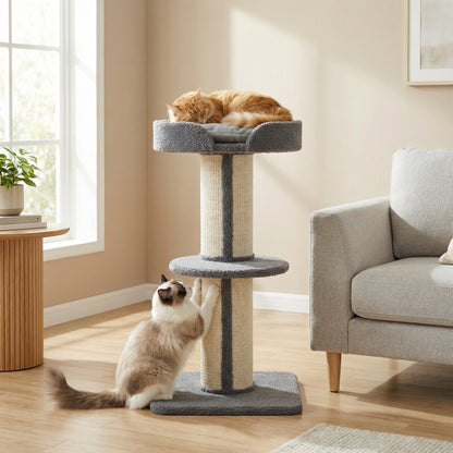 PawHut 91cm Cat Tree, Cat Tower with Scratching Post, Bed, Perch, Removable Cushion for Indoor Kittens, Grey