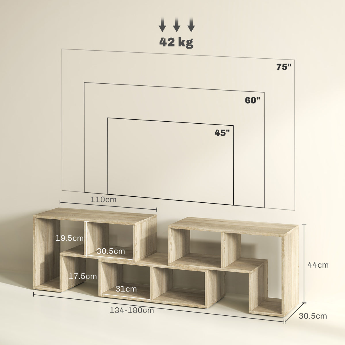 HOMCOM Three-Block Modular TV Stand - Grey Wood-Effect