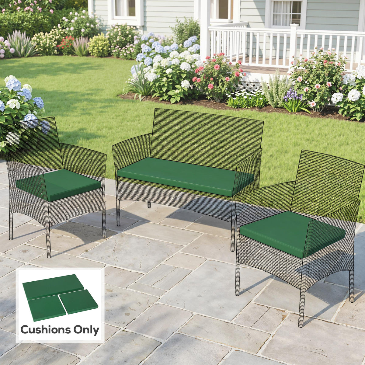 Outsunny Outdoor Seat Cushion Pads for Rattan Furniture, 3 PCs Garden Furniture Cushions, Green