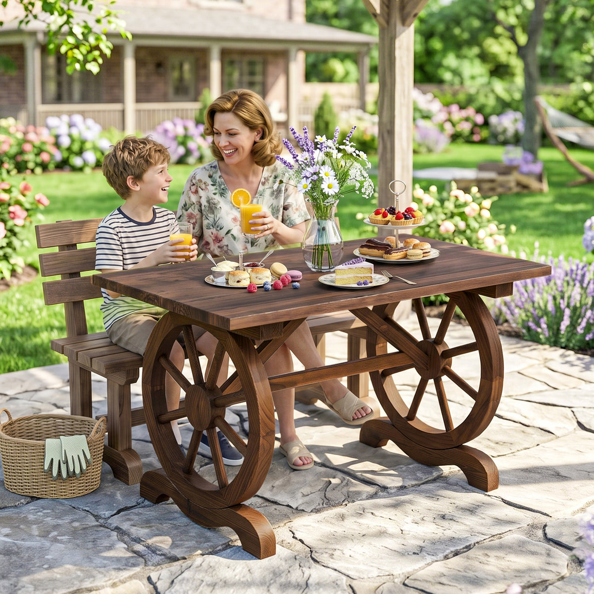Outsunny Wooden Garden Dining Table, Wagon Wheel Outdoor Coffee Table with 3 cm Wood Top for Patio, Balcony, Terrace, 110 x 60 x 65 cm, Carbonised Finish