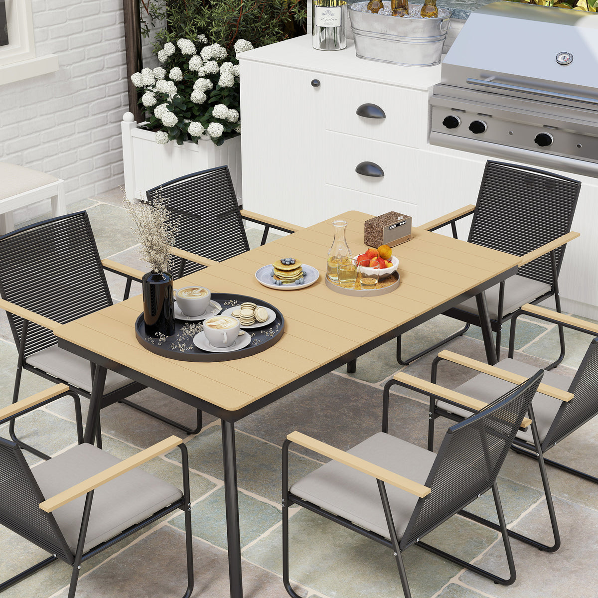 Outsunny 6‑Seater Garden Dining Set with Cushions, Rattan Backrest, Plastic Top, Garden Furniture Set, Natural Wood Finish