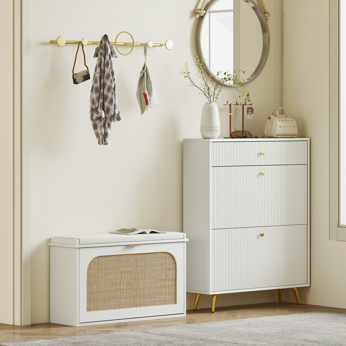 HOMCOM Boho Shoe Bench with Padded Seat and Flip-Drawer - White