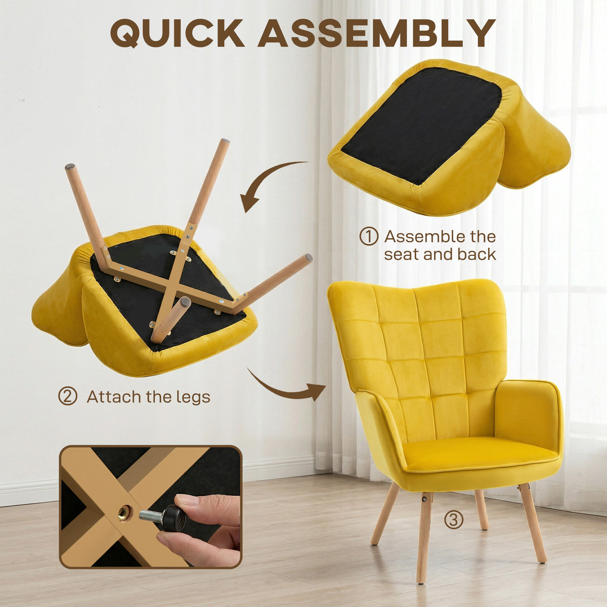 HOMCOM Modern Accent Chair, Upholstered High Back Armchair with Tufted Wingback, Seat Padding, Velvet Leisure Lounge Bedroom Chair with Wood Legs, Yellow