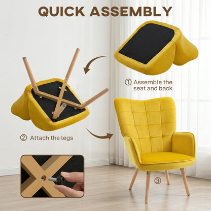 HOMCOM Modern Accent Chair, Upholstered High Back Armchair with Tufted Wingback, Seat Padding, Velvet Leisure Lounge Bedroom Chair with Wood Legs, Yellow
