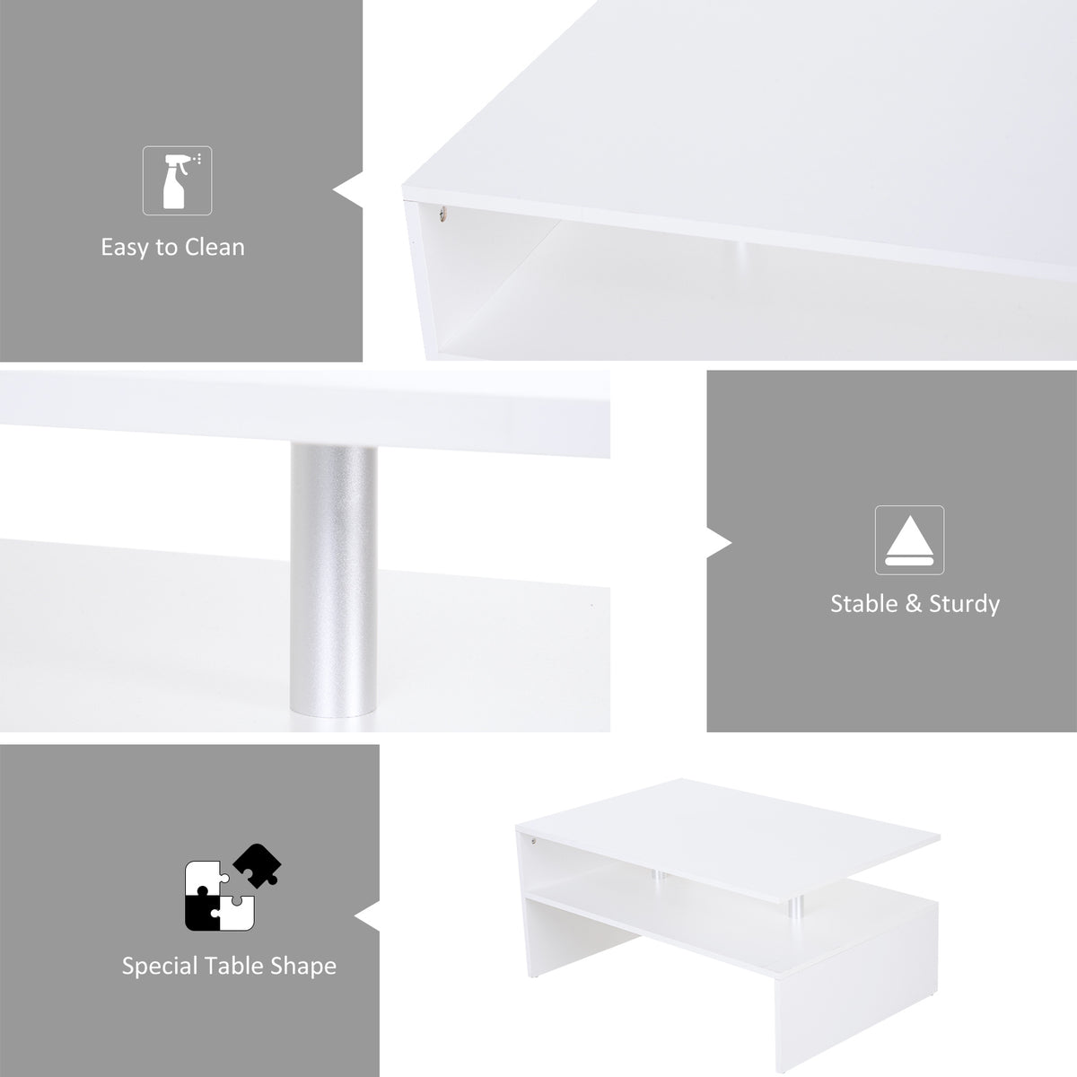 HOMCOM Coffee Table with Storage, 2-Tier Centre Table, Modern Living Room Table with Open Shelf and Aluminium Poles, White