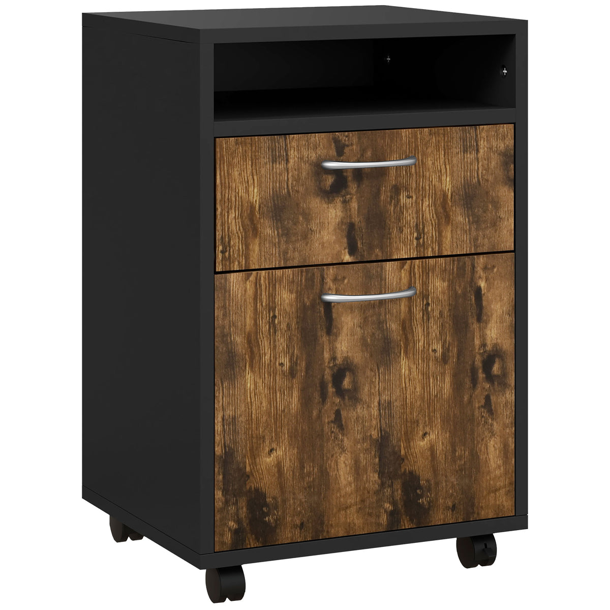 HOMCOM Filing Cabinet, Mobile File Cabinet with 2 Lockable Drawers, Office Home Organiser on Wheels for A4, Letter-Size File Folders, Mobile Printer with Open Shelf, Rustic Brown