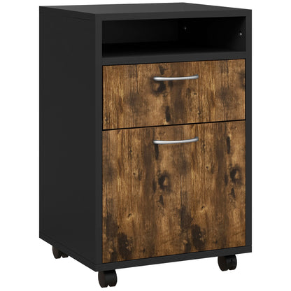HOMCOM Filing Cabinet, Mobile File Cabinet with 2 Lockable Drawers, Office Home Organiser on Wheels for A4, Letter-Size File Folders, Mobile Printer with Open Shelf, Rustic Brown