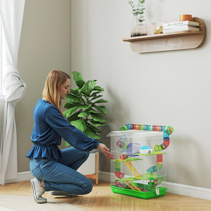 PawHut Hamster Cage, 5 Tier Carrier Habitat with Exercise Wheels Tunnel Tube Water Bottle Dishes House Ladder, Gerbil Cage for Dwarf Mice, Green