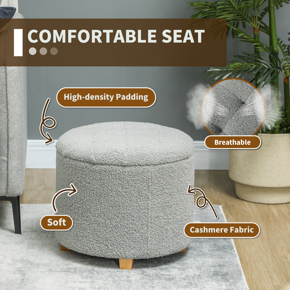 HOMCOM 40.5L Teddy Fleece Storage Ottoman - Grey