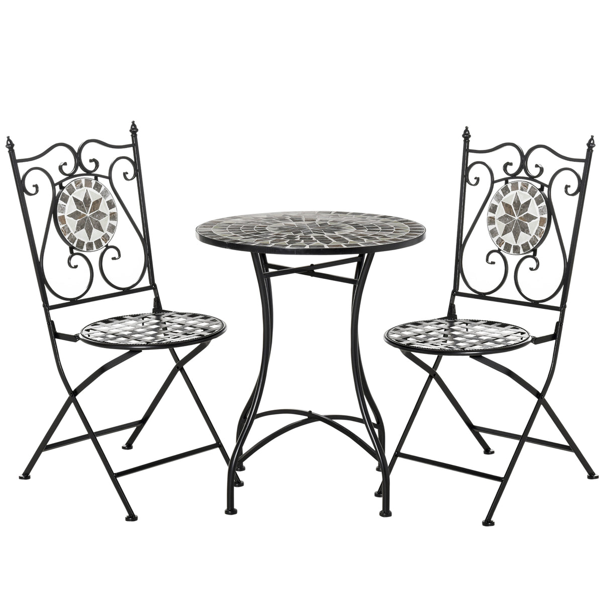 Outsunny 3 Pcs Mosaic Tile Garden Bistro Set Outdoor Seating w/ Table 2 Folding Chairs Set Metal Frame Elegant Scrolling Indoor Patio Balcony, Grey