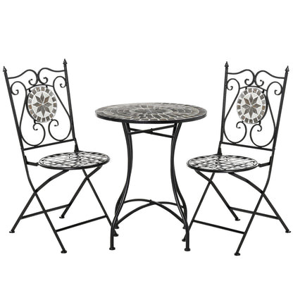 Outsunny 3 Pcs Mosaic Tile Garden Bistro Set Outdoor Seating w/ Table 2 Folding Chairs Set Metal Frame Elegant Scrolling Indoor Patio Balcony, Grey