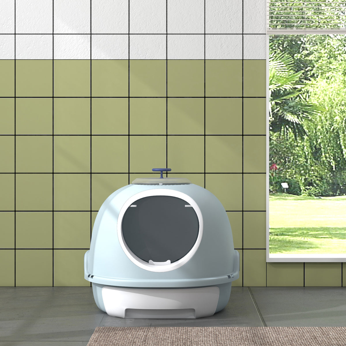 PawHut Cat Litter Box Toilet with Litter Scoop Enclosed Drawer, Front Entry Top Exit, Easy To Clean Blue