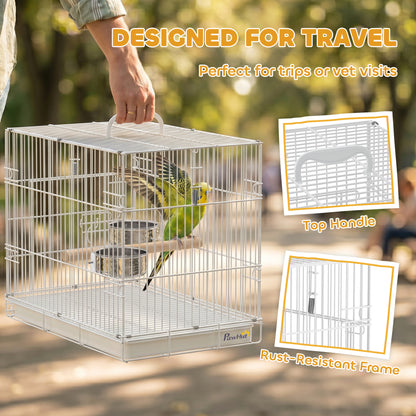 PawHut Bird Cage Foldable Portable Budgie Cage with Wooden Perch 2 Bowls for Travel 49 x 31 x 40 cm White