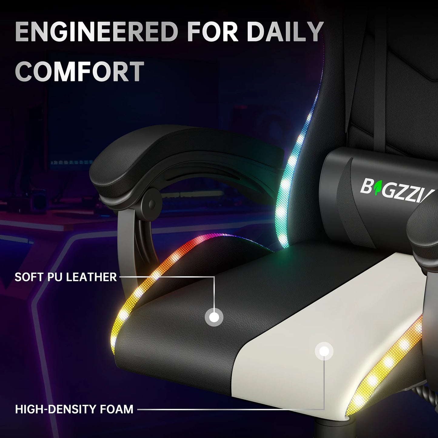 RGB Gaming Chair LED Lights and Ergonomic Computer Chair Reclining PU Leather High Back Video Game Chair Linkage Armrest
