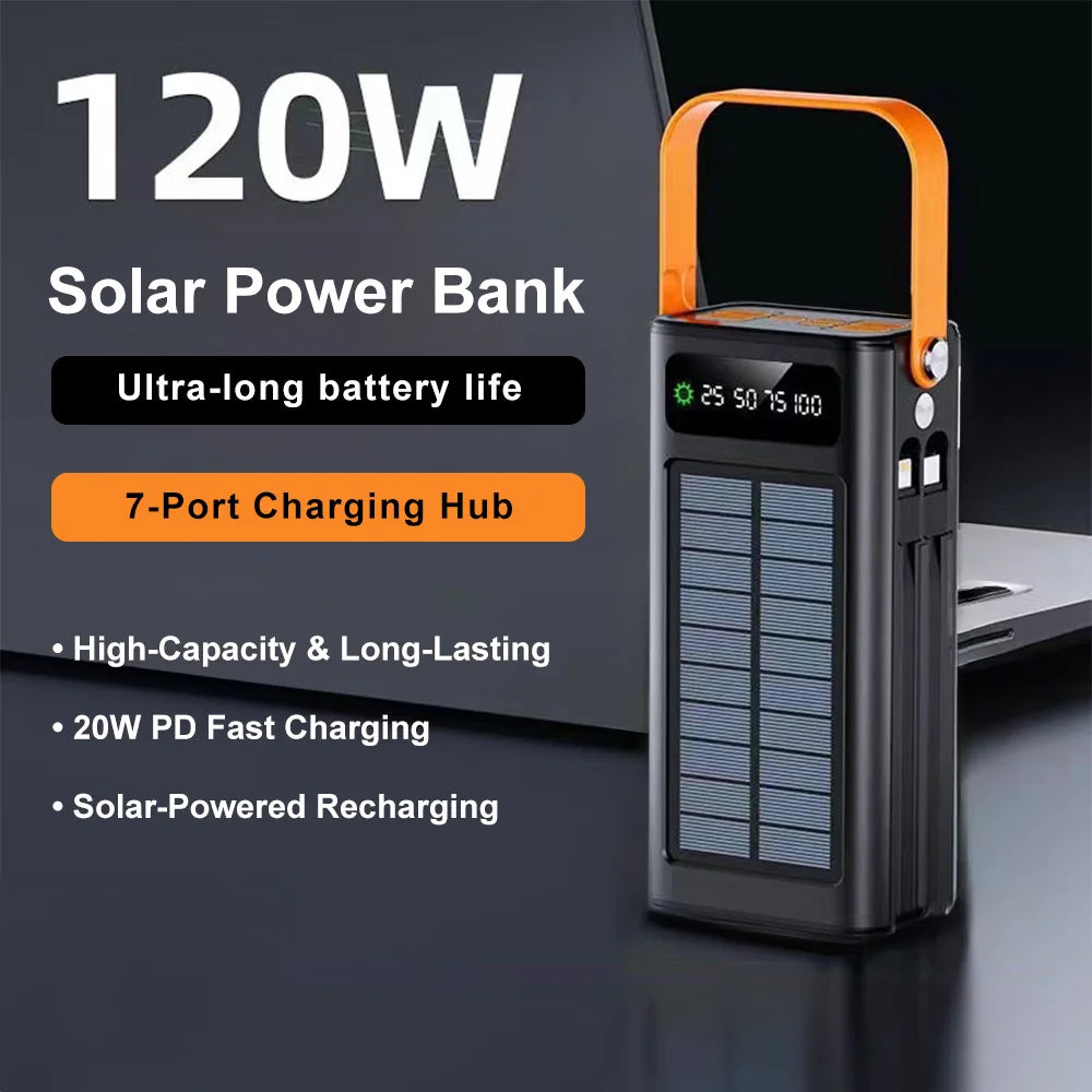 50000mAh Solar Panel Power Bank Fast Charging Comes with Four Wire External Battery Pack  Large Capacity Mobile Power