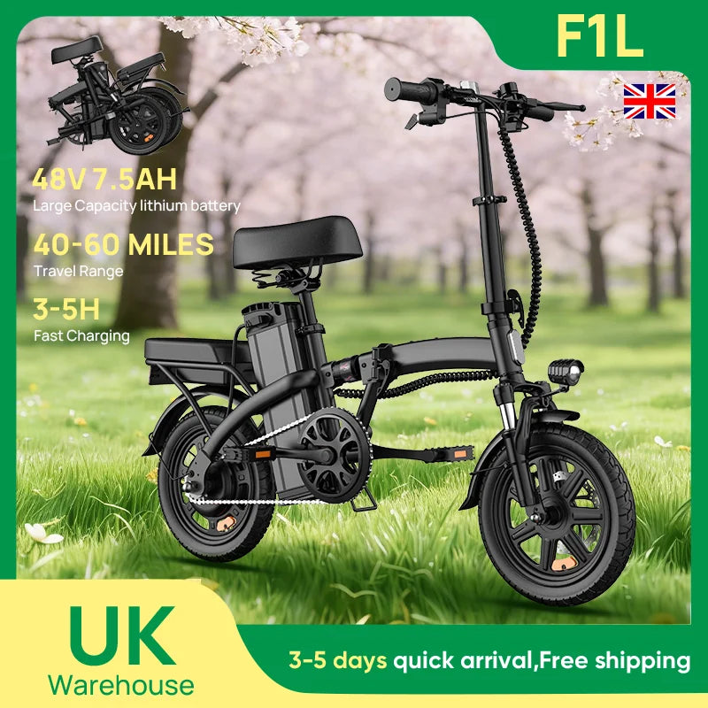 URLIFE 14 Inch Folding E-Bike 48V 7.5Ah 500W Power Removable & Fast Charge 40 Miles Hydraulic Front Suspension Dual Disc Brakes