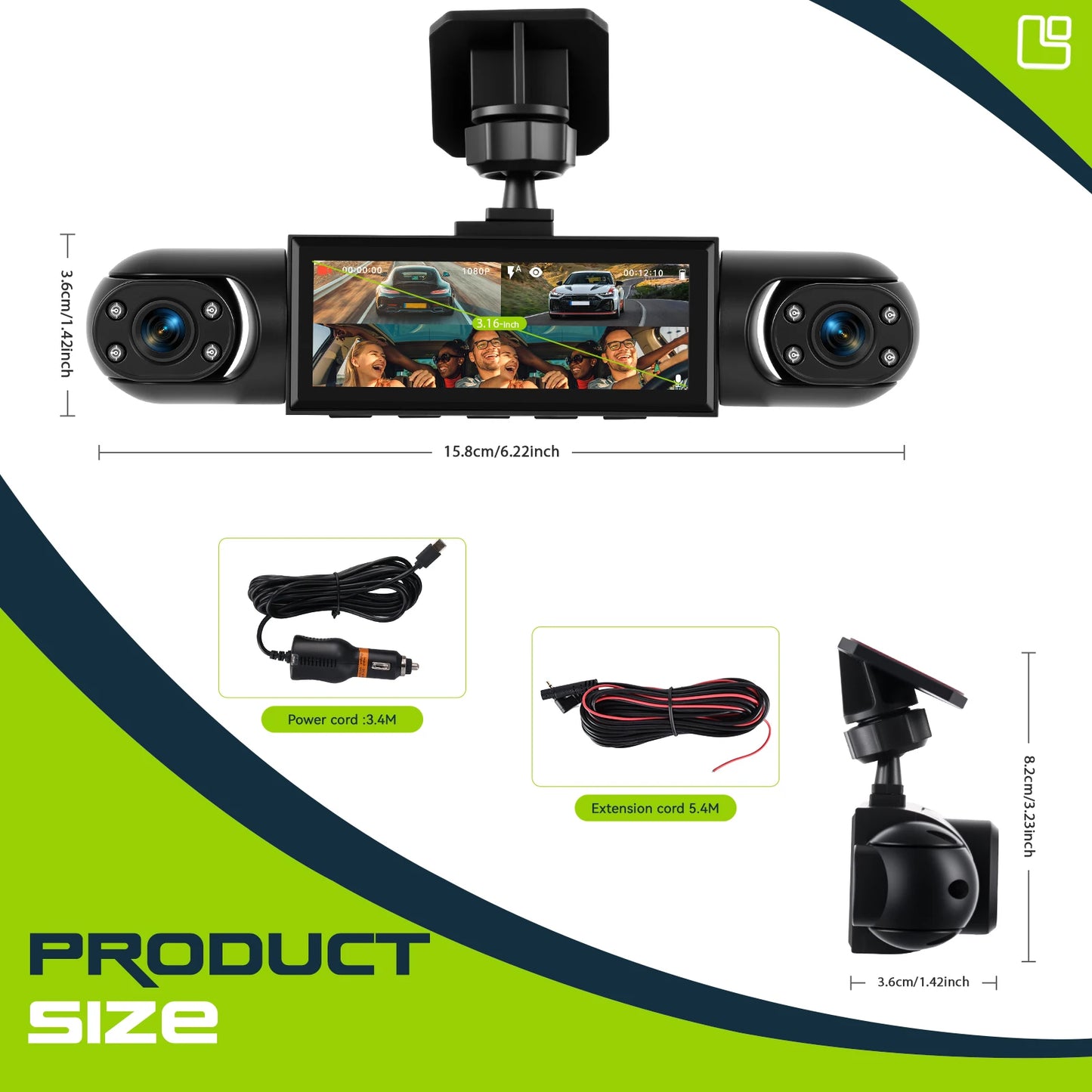 Podofo 3.16 Inch Car Dash Cam 1080P & 3*480P Car Recording Camera Car DVR For Car Revesing Front Left Right Rear View Camera