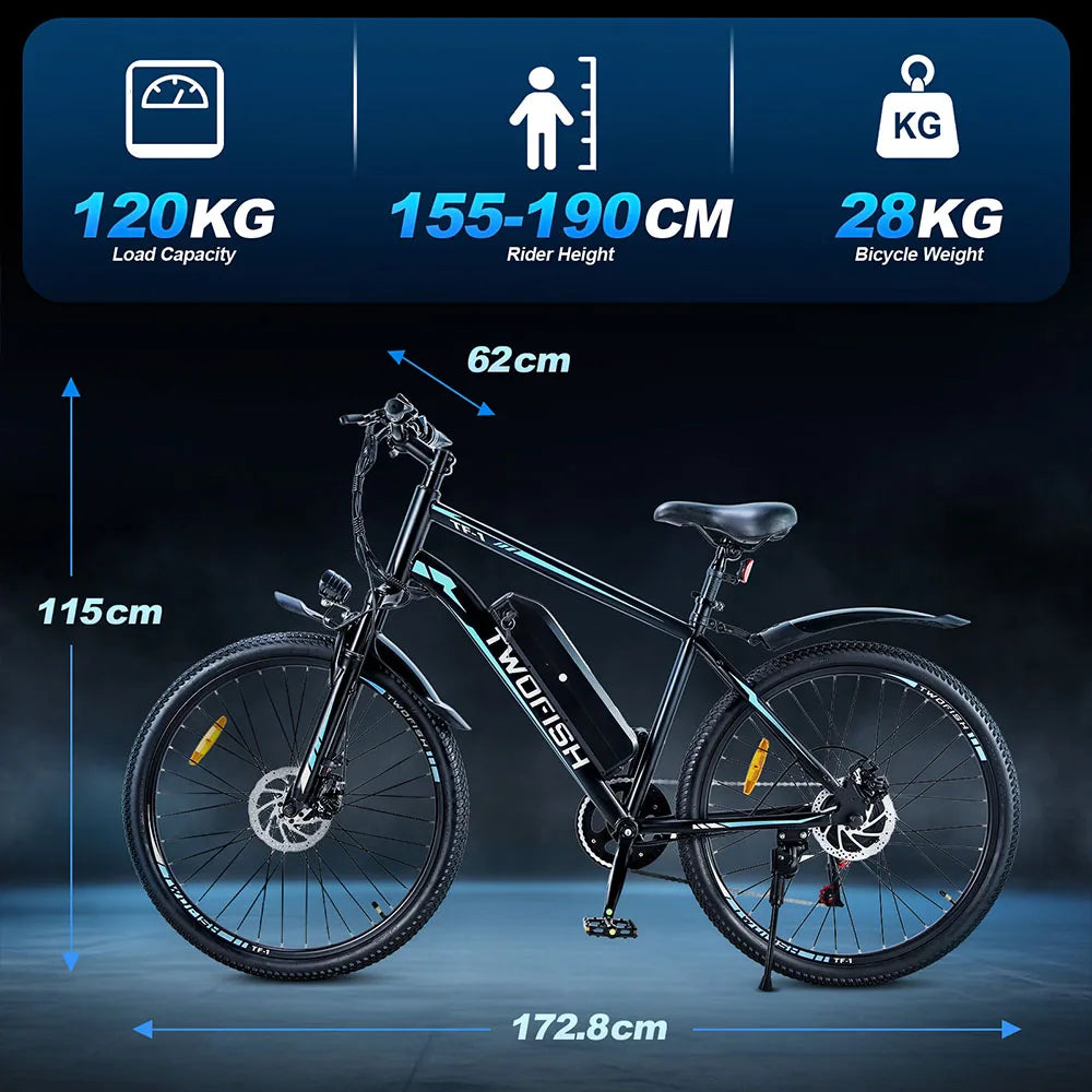 TWOFISH TF-1 Electric Bike, 250W 36V 15Ah Battery, 26" Tires, 25km/h Max Speed, 100km Max Range, Disc Brakes, Front Suspension