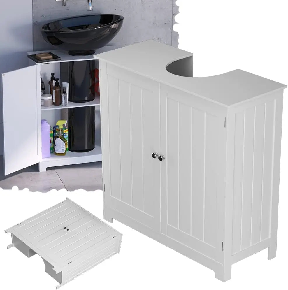 White Under Sink Bathroom Cabinet Free Standing Cabinets, Bathroom Basin Tall Cabinet with Double Doors, Floor Standing Storage Cupboard Basin Unit with Compartment Adjustable Shelf, 60 * 60 * 30cm