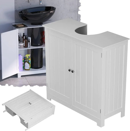 White Under Sink Bathroom Cabinet Free Standing Cabinets, Bathroom Basin Tall Cabinet with Double Doors, Floor Standing Storage Cupboard Basin Unit with Compartment Adjustable Shelf, 60 * 60 * 30cm