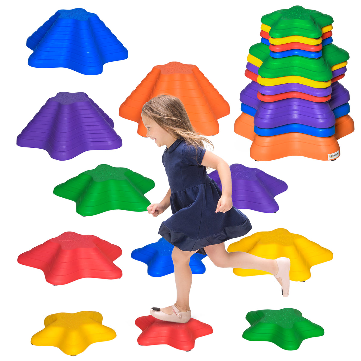 Outsunny 11-Piece Stepping Stones Kids, Starfish Style Non-slip Obstacle Course, Stackable Balance Blocks Garden Toys, Encourage Toddler Sensory Toys Indoor Outdoor - Multicoloured