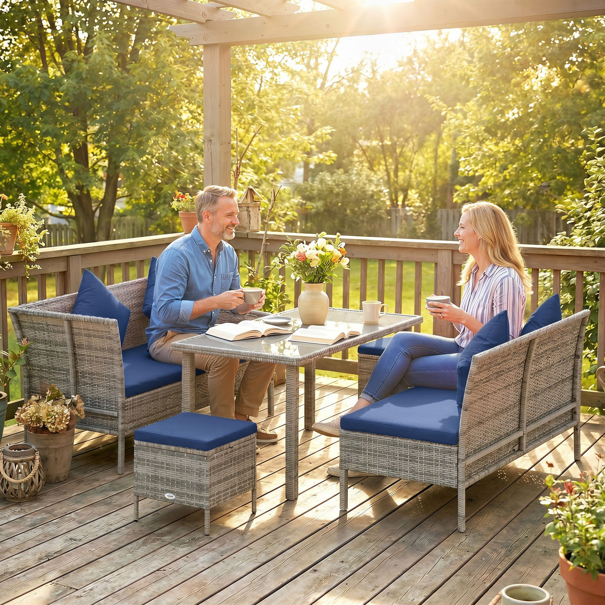 Outsunny 5 Pieces Rattan Garden Furniture Set with Dining Table, Cushions - Dark Blue