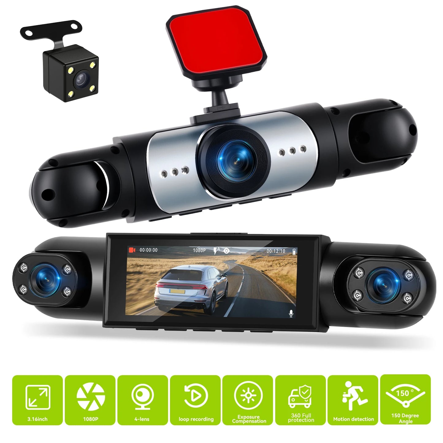 Podofo 3.16 Inch Car Dash Cam 1080P & 3*480P Car Recording Camera Car DVR For Car Revesing Front Left Right Rear View Camera