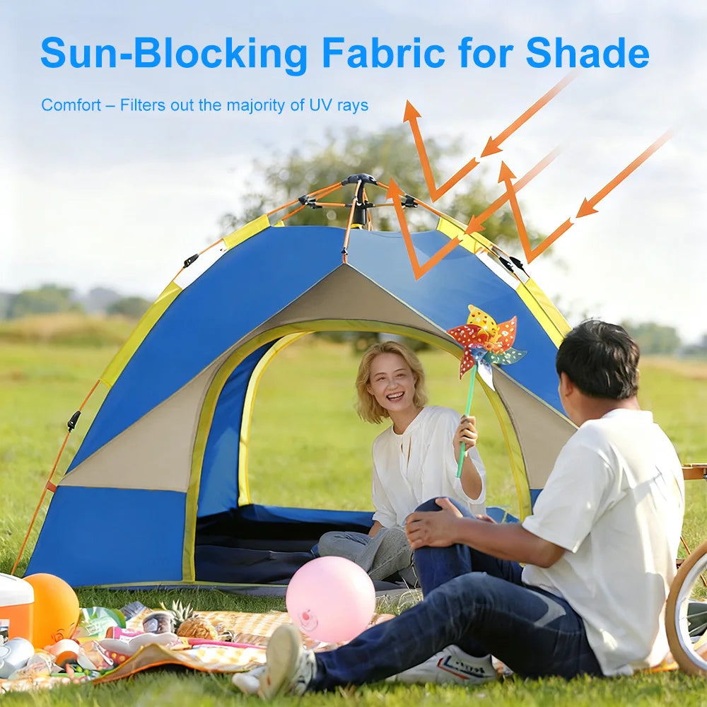 3-4 Person Pop Up Camping Tent - Instant Automatic Setup Double Layer Waterproof 4 Season Family Outdoor Travel Tent for UK Garden Beach Festival - Sky Blue