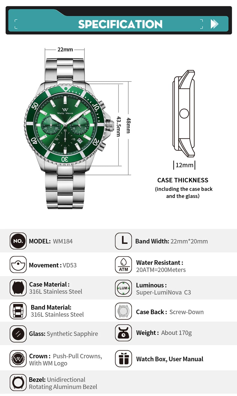 WM Watch Quartz Watches Multifunction Casual Business 200M Water Resistant Sapphire Crystal Aluminum Bezel WellyMerck Watch 184M