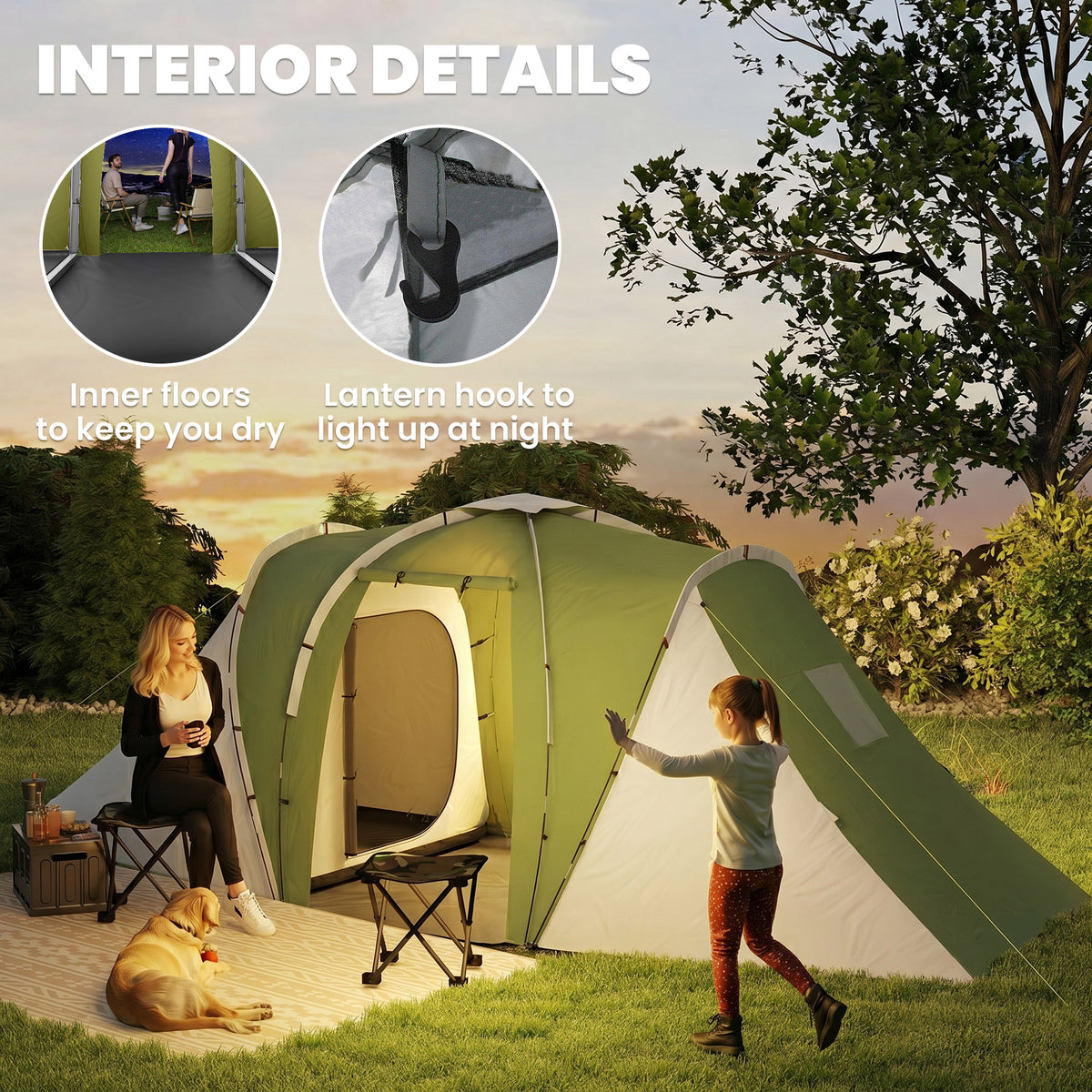 Outsunny Large Camping Tent Tunnel Tent with 2 Bedroom and Living Area, 2000mm Waterproof, Portable with Bag for 4 Man, Green