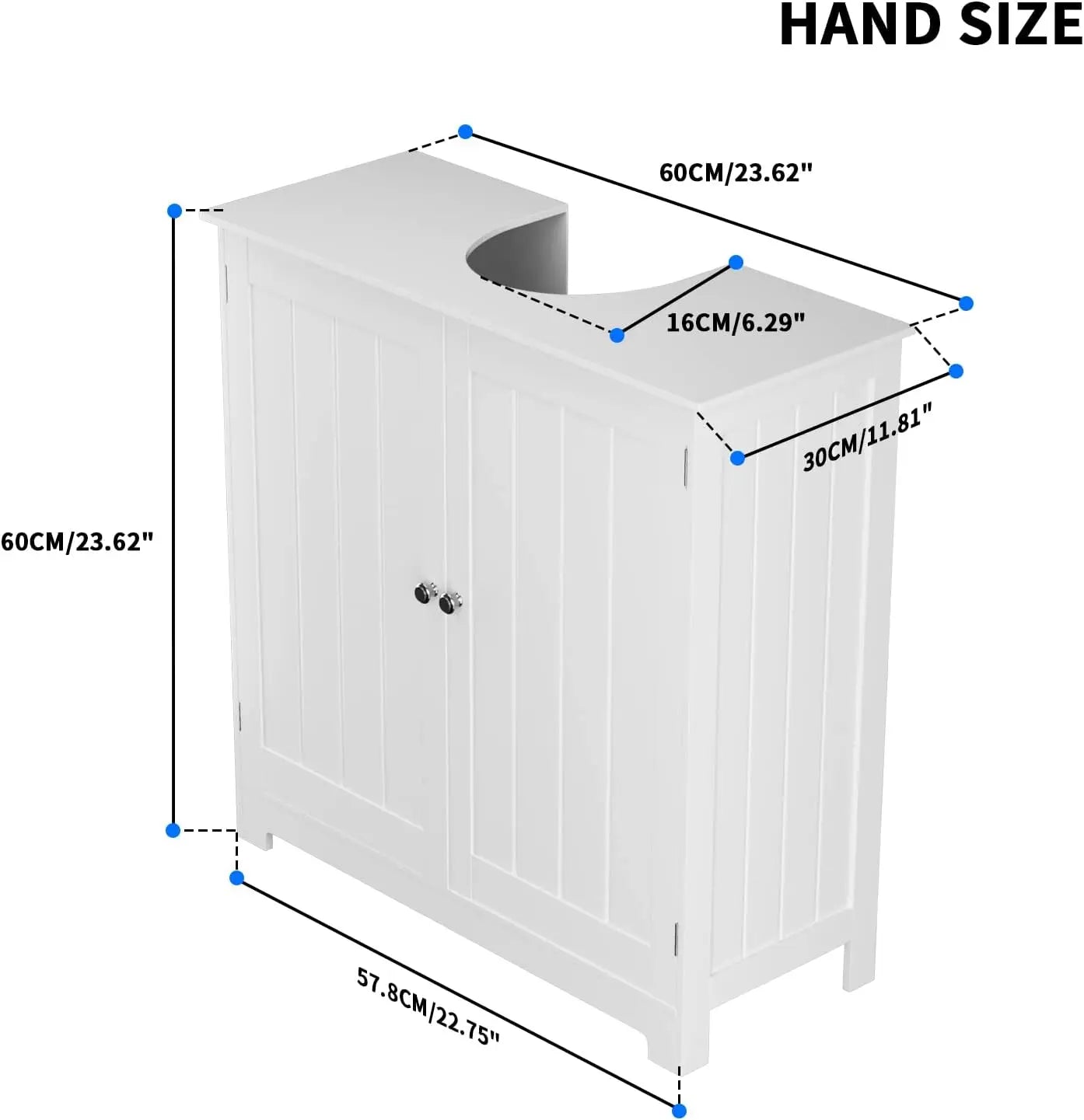 White Under Sink Bathroom Cabinet Free Standing Cabinets, Bathroom Basin Tall Cabinet with Double Doors, Floor Standing Storage Cupboard Basin Unit with Compartment Adjustable Shelf, 60 * 60 * 30cm